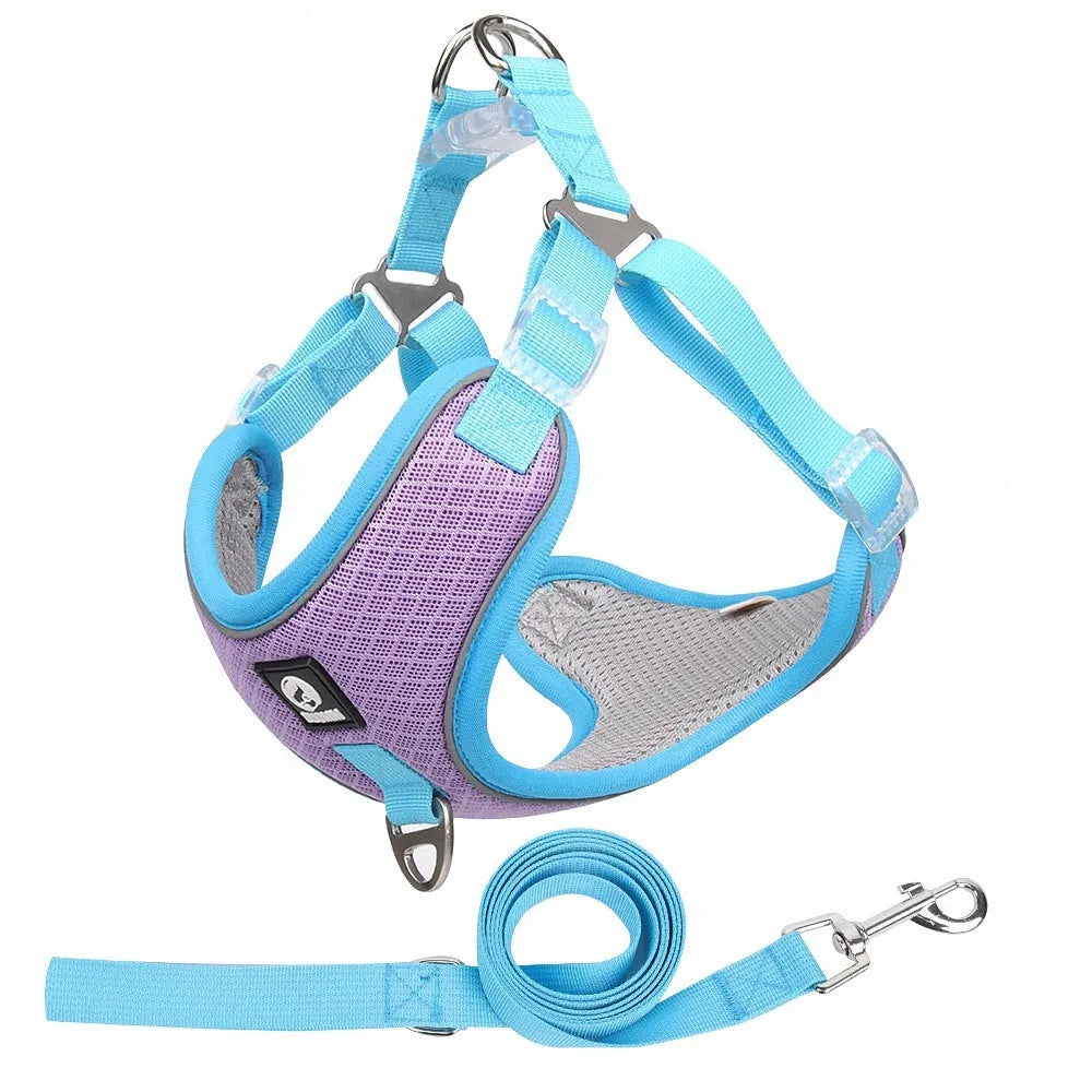 Adjustable mesh dog harness with reflective strips in multiple colour options