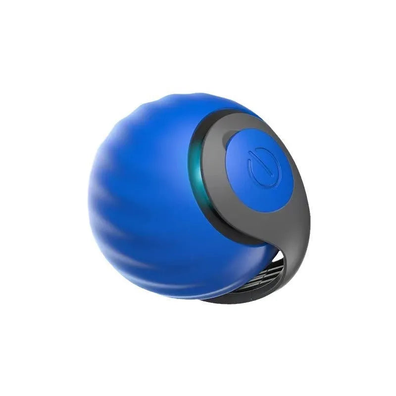 Interactive rolling ball pet toy in blue and red options showing motion-activated design for cats and dogs