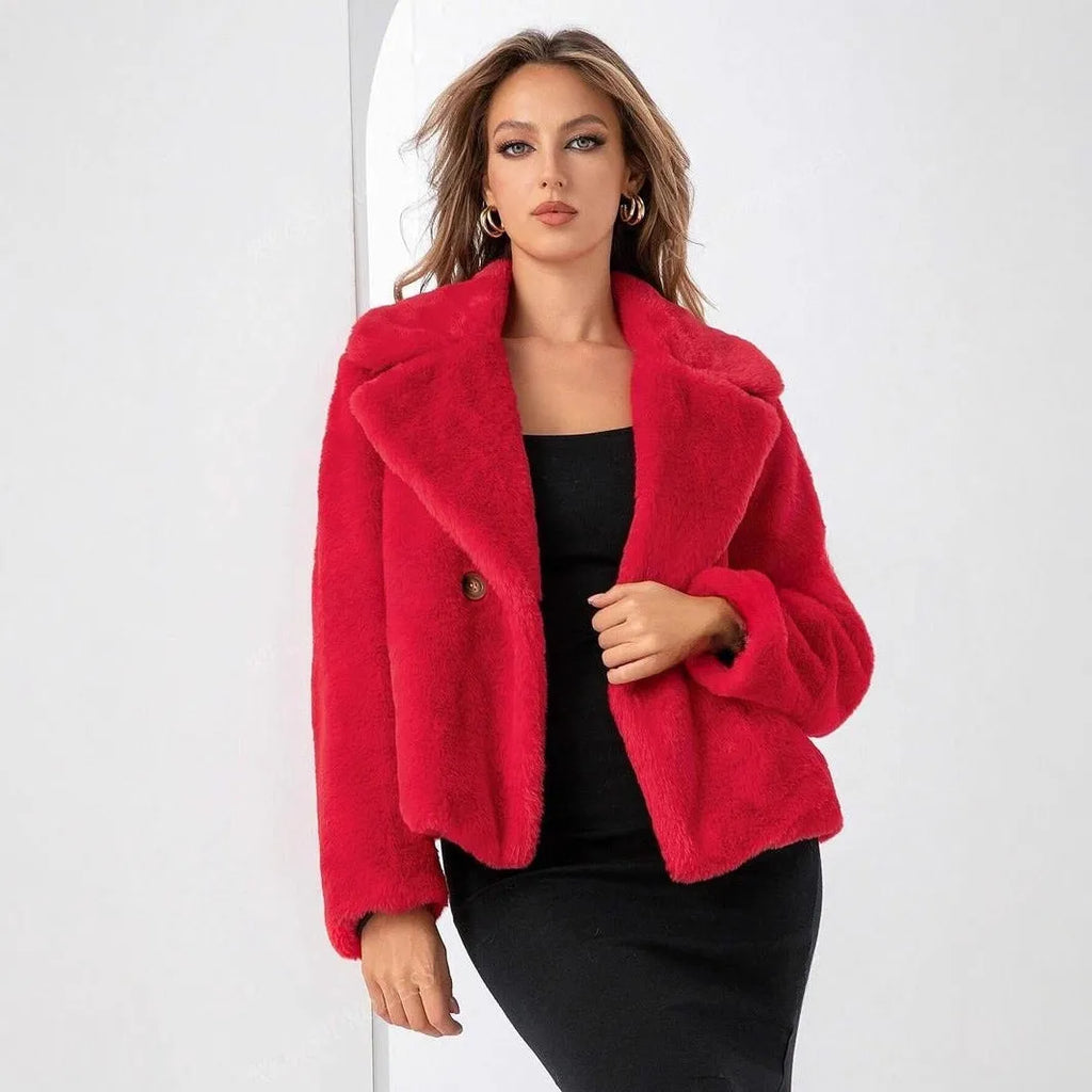 Women's short loose-fit faux fur coat in rose red on a hanger, showing regular sleeves and plush texture.